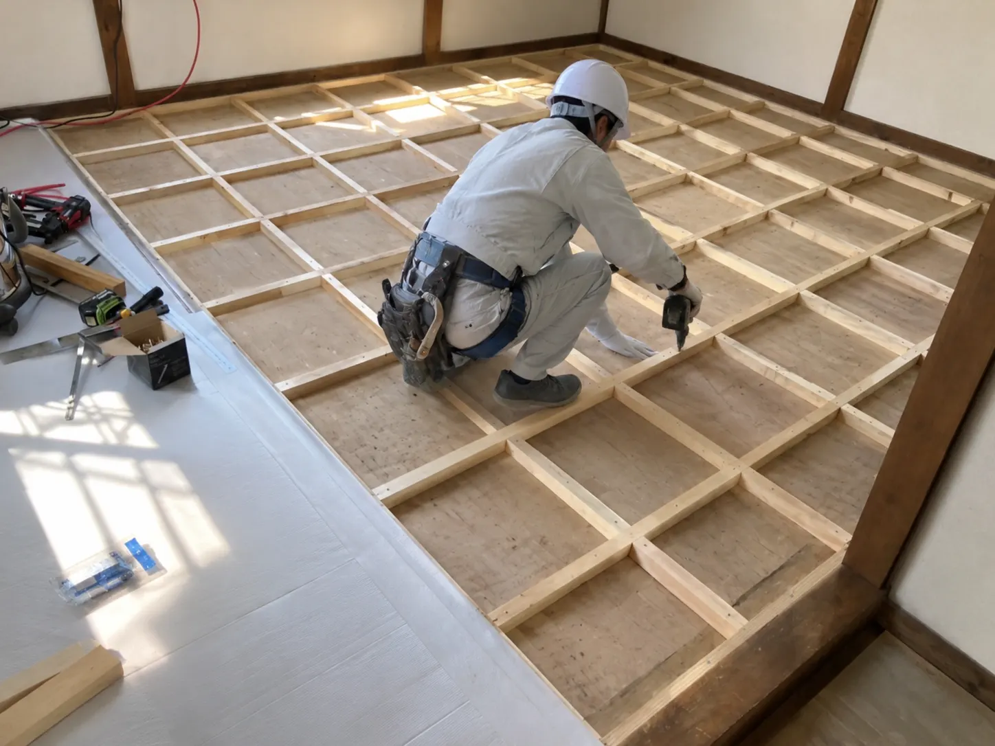 床下地を丁寧に施工するスタッフ（写真はイメージです）